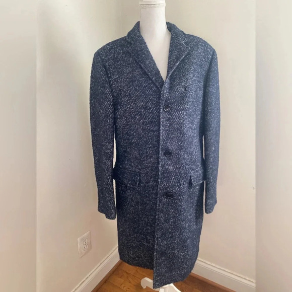 J Crew MensThompson Herringbone Wool Blend Overcoat Topcoat Blue Size 40 NWT - Picture 2 of 7